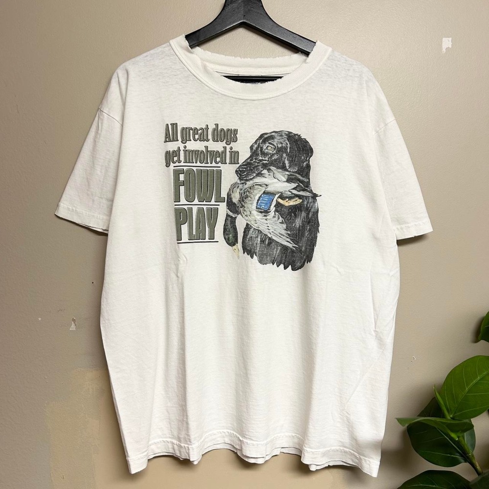 Vintage 90s Columbia Fowl Play Hunting Dog Graphic T-Shirt Mens Large White
